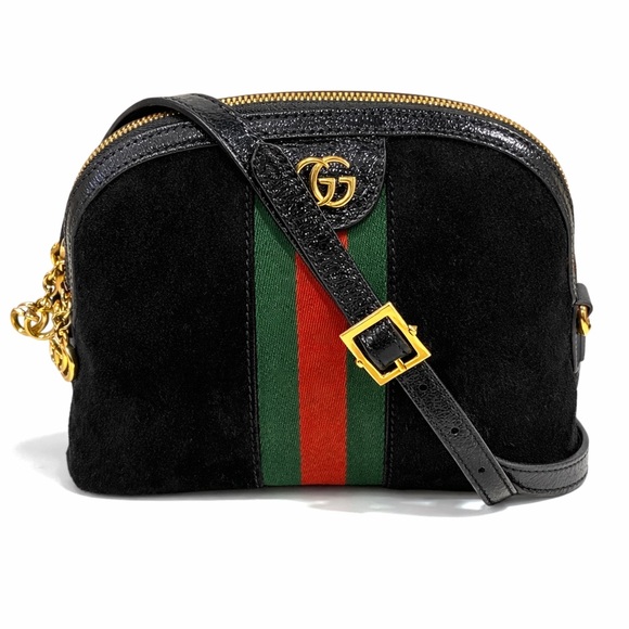 Gucci Handbags - Gucci Ophidia Small Dome Black Suede Crossbody Bag GG Stripe Gold Hardware